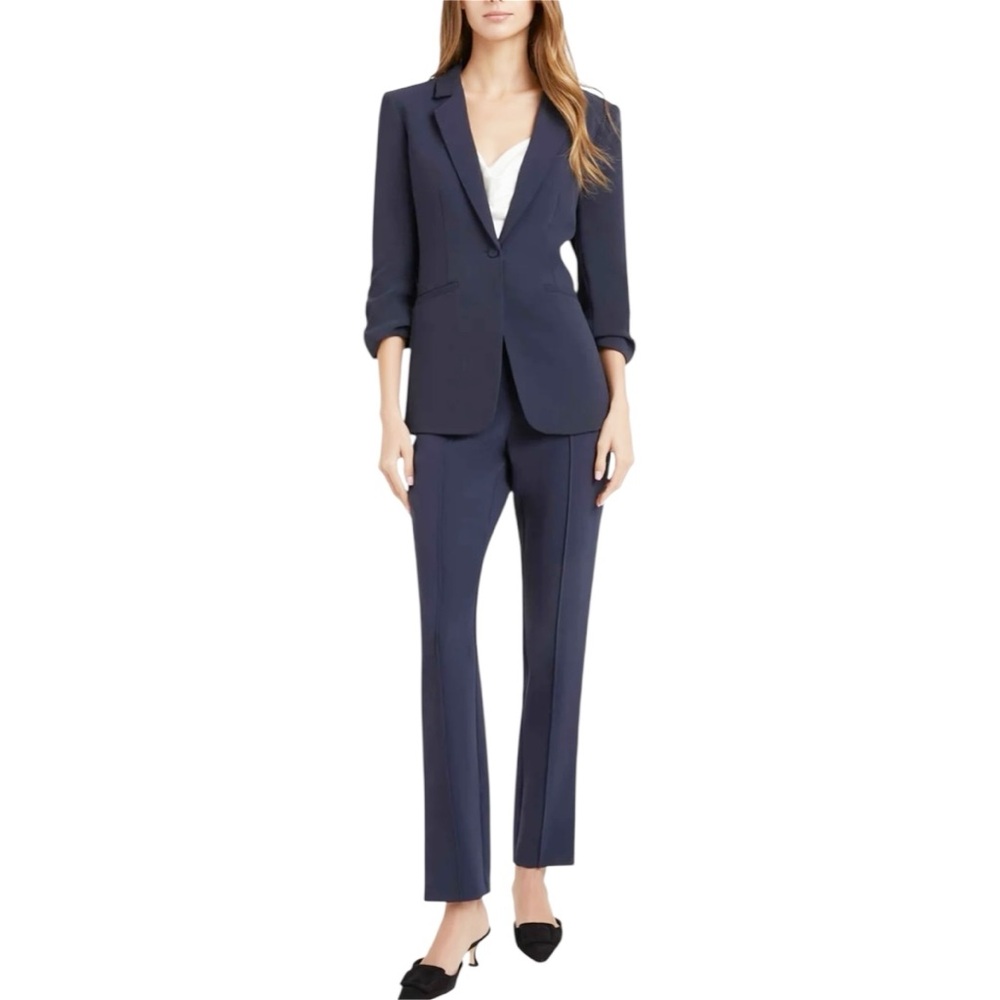 NEW Cinq à Sept Crepe Khloe Blazer 8 Navy Ruched Button Sleeve Closet Essential - Picture 16 of 16